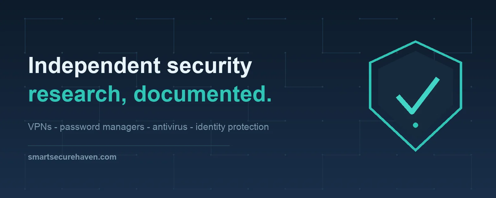 Smart Secure Haven illustration: a teal shield with a checkmark over a circuit-board background, with the tagline independent security research, documented